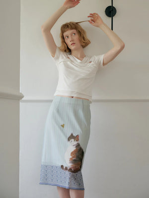 Cat Print Midi Skirt