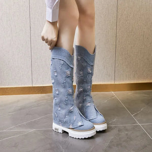 Distressed Denim Boots