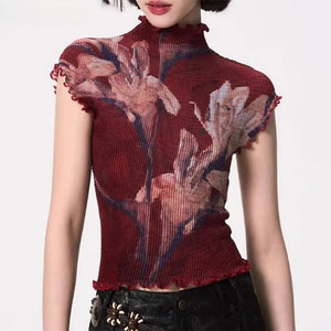 Crimson Bloom Mesh Top