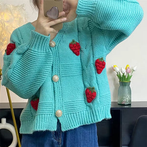 3D Strawberry Pattern Cardigan