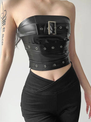 Grunge Belted Faux Leather Tube Top