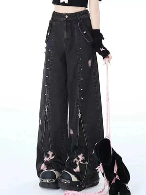 Grunge Cross Zip-Up Jeans
