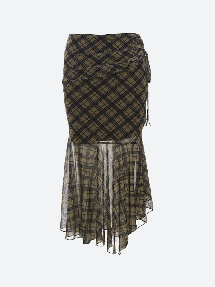 Grunge Plaid Mesh Midi Skirt