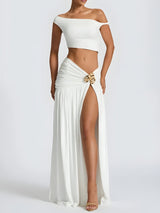 Off Shoulder Crop Top & Slit Maxi Dress Two Piece Set