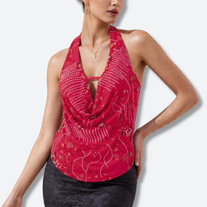 Plunge Neck Sequined Beaded Top