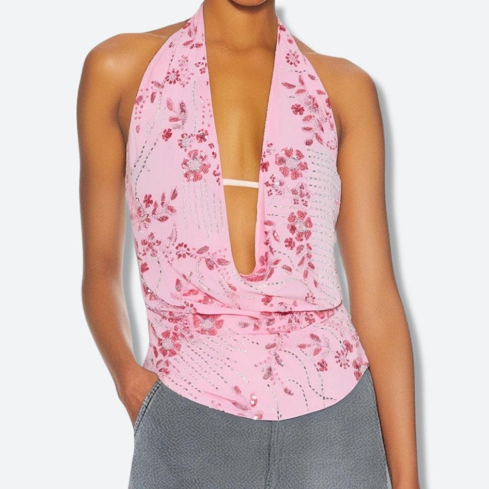 Plunge Neck Sequined Beaded Top