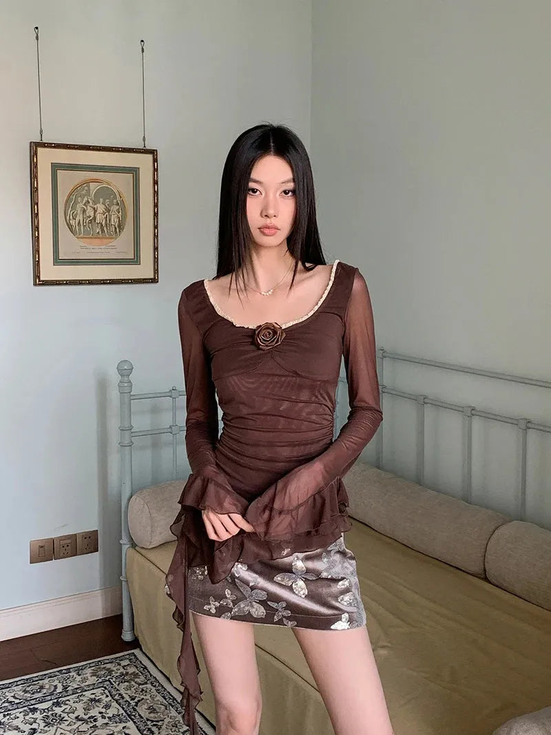 Rose Mesh Ruffled Top