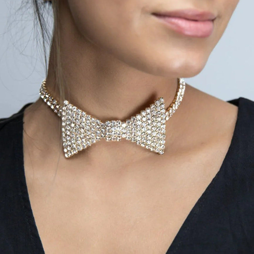 Y2K Style Rhinestone Bow Necklace