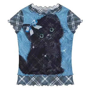 Black Kitten Print Y2K Plaid Top