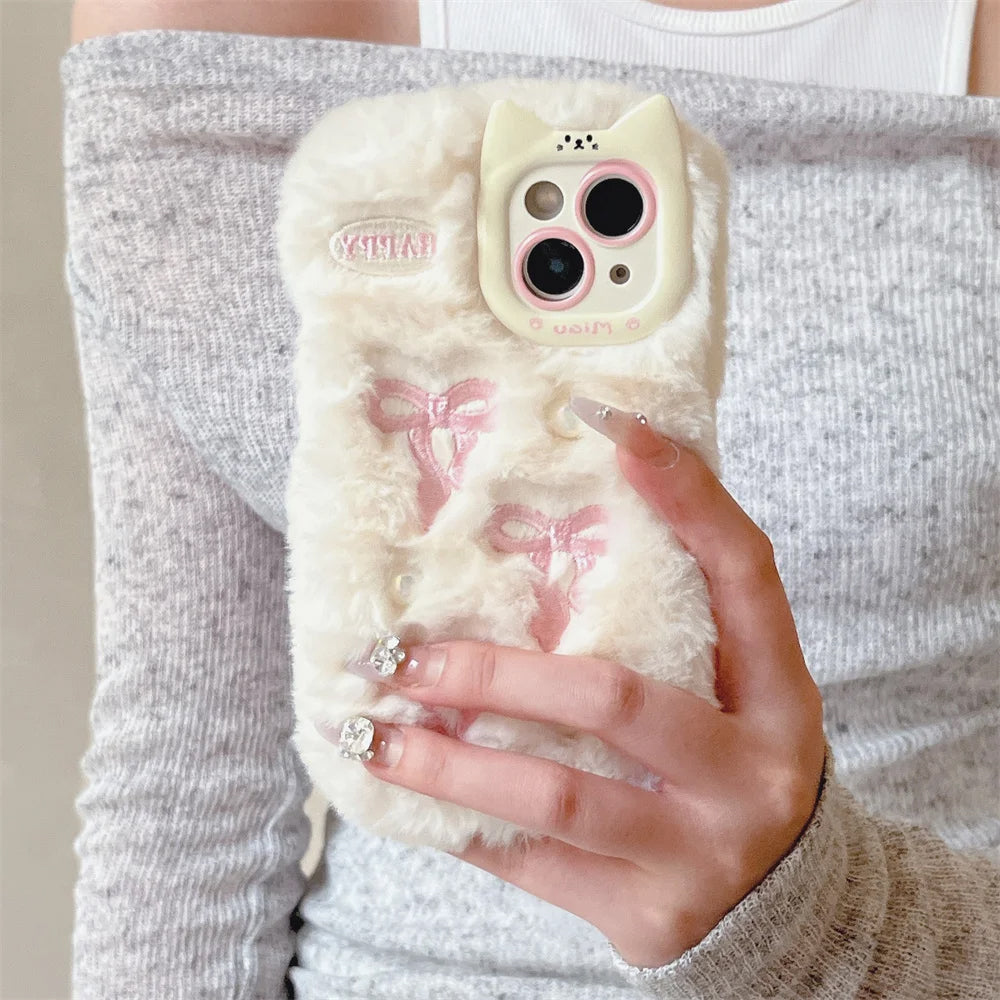 Bow Embroidery Fluffy iPhone Case