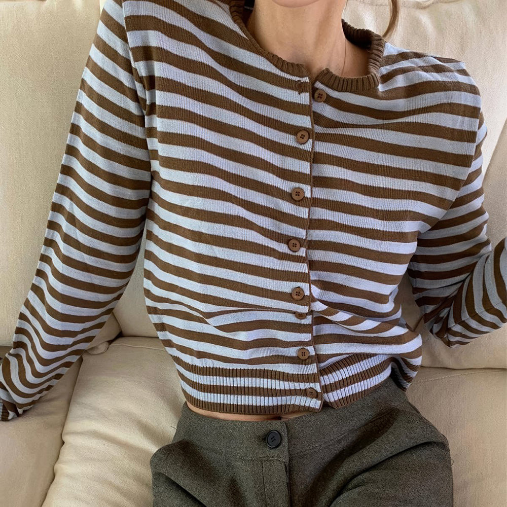 Brown & Blue Striped Button-Up Cardigan