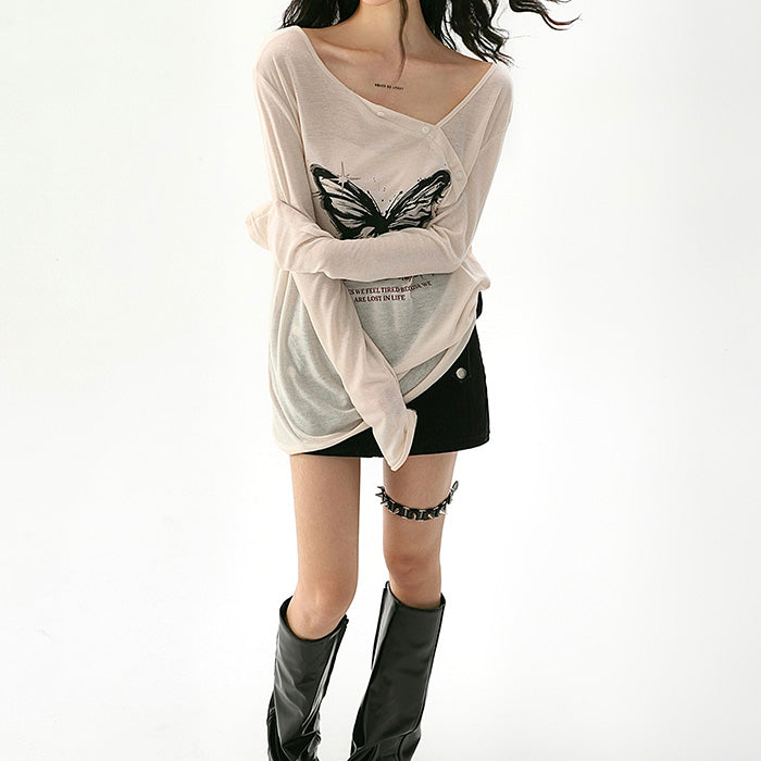 Butterfly Print See Through Top