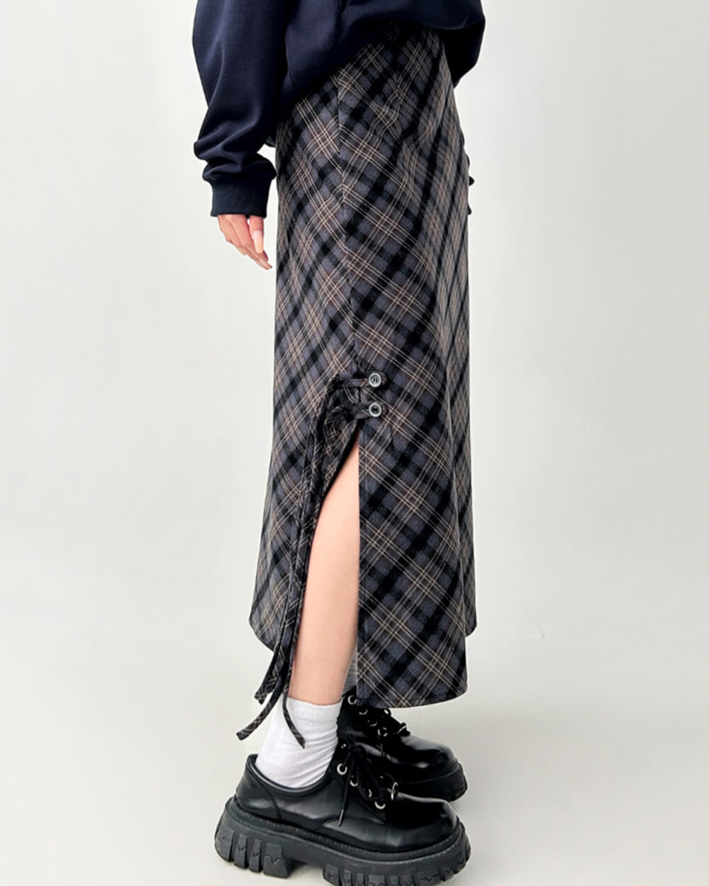 Dark Academia Plaid Side-Slit Skirt