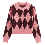 Pink & Red Argyle Pattern Cardigan