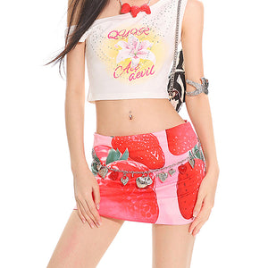 Strawberry Print Y2K Mini Skirt
