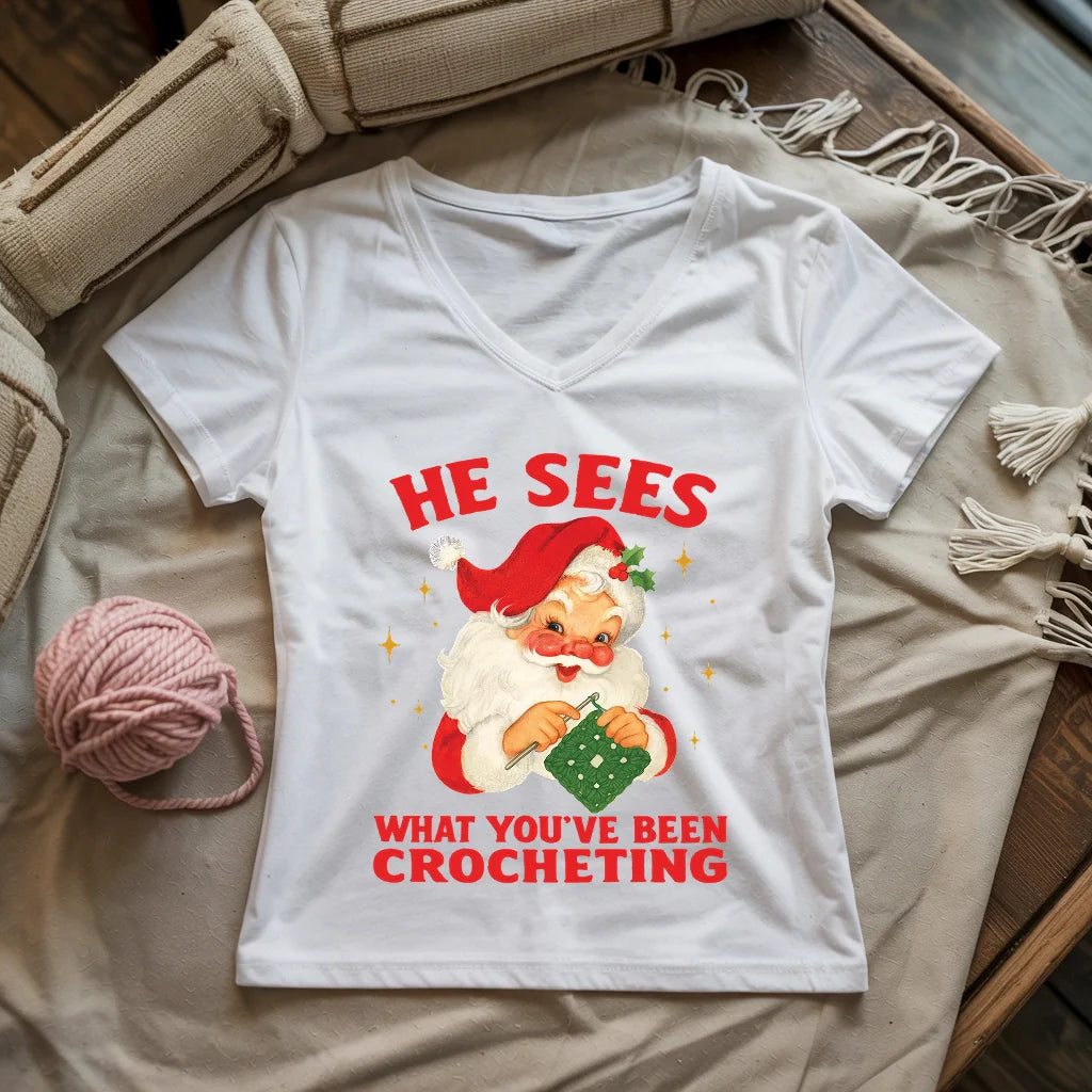 He Sees You Crocheting Lady V-neck
