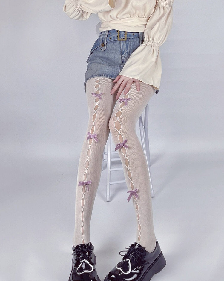 White & Pink Bow Tights