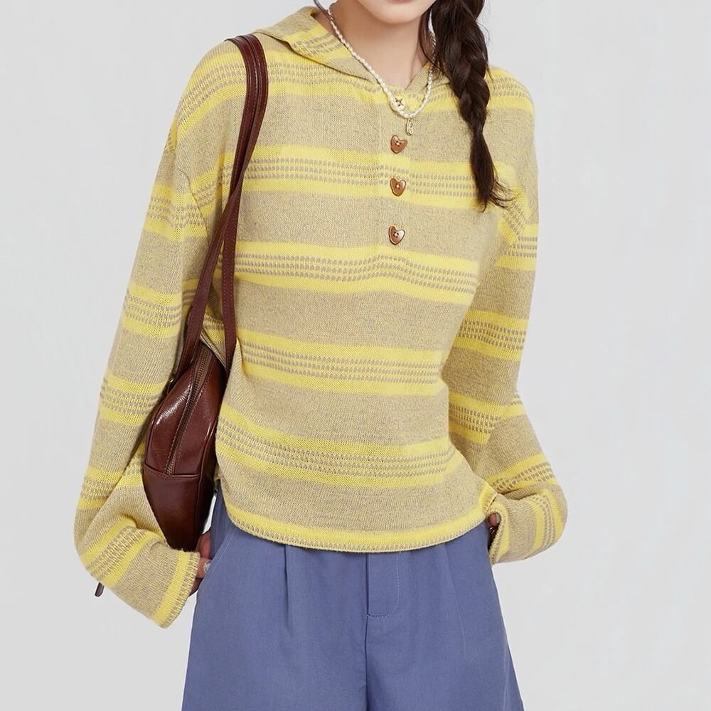 Yellow Striped Heart Buttons Hoodie